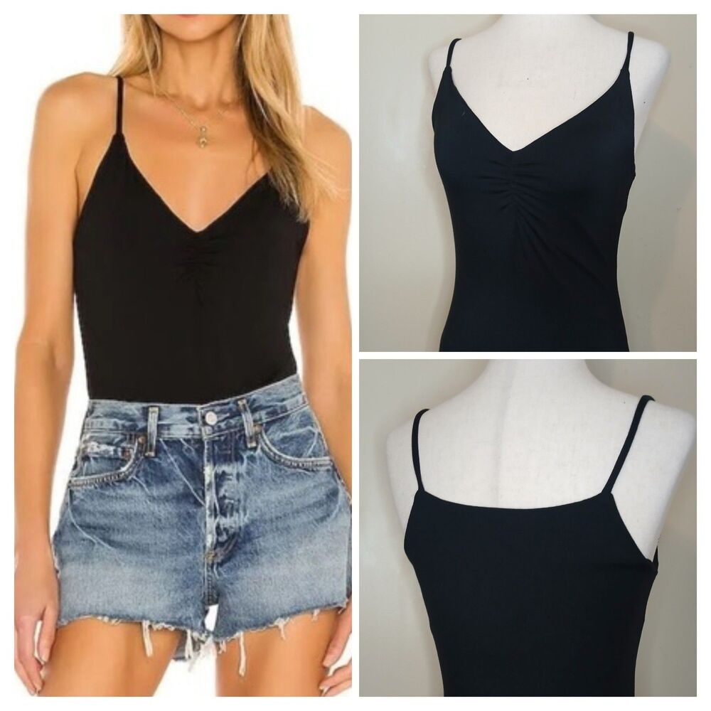 REVOLVE KRISA Sz M Ruched Cami Spaghetti Strap Top Black Buttery SOFT *NWT $110